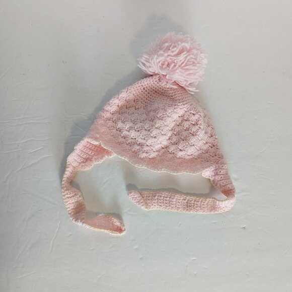 Vintage Baby Knit Crochet Pom Bonnet Hat Beanie Chin Strap Pink Handmade Boho - Picture 4 of 4